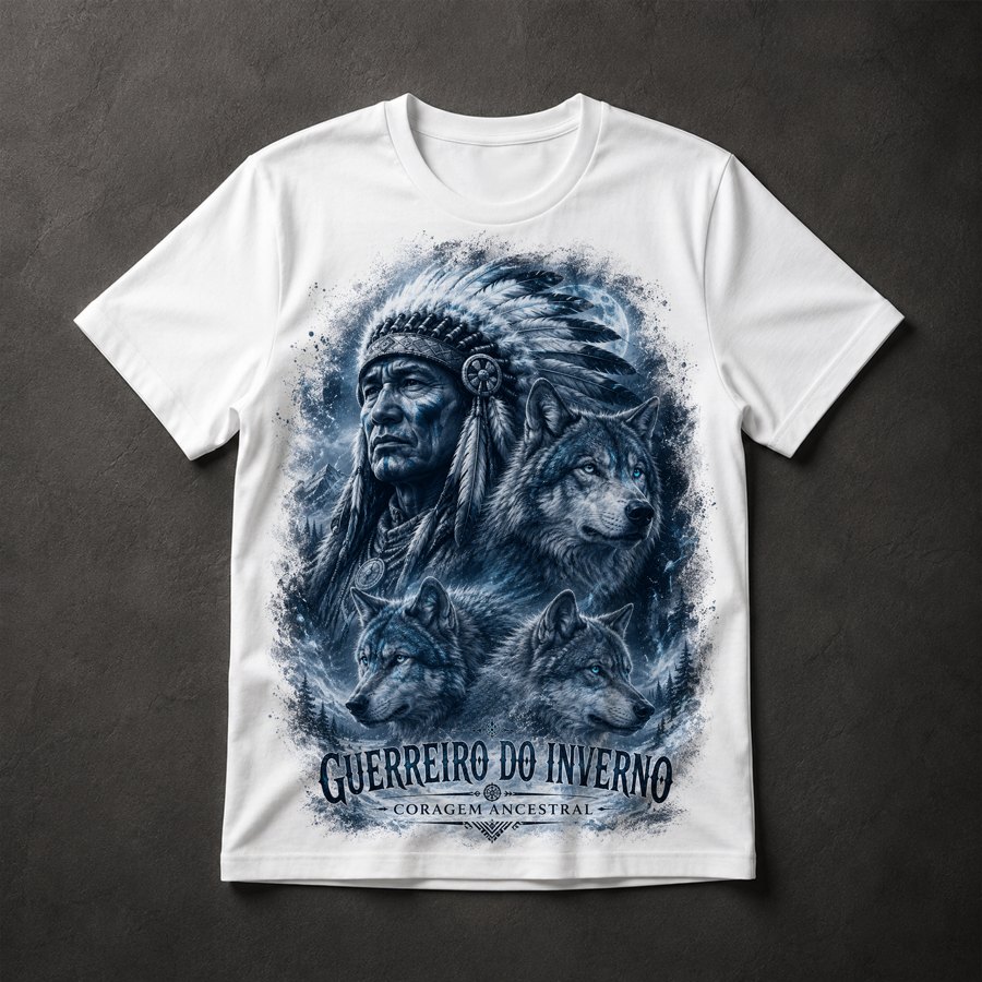 Camiseta Guerreiro Indígena e Lobos